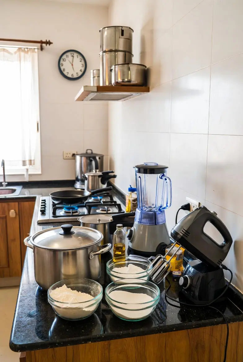Modern kitchen with stainless steel pots, mixer, blender, glass bowls, and ingredients on counter