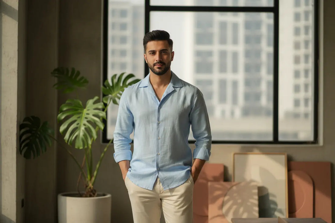 Pakistani man wearing Cuban collar linen shirt casual style guide 2025