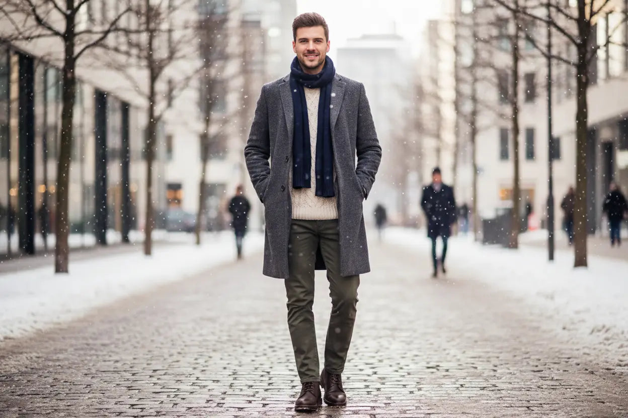 Stylish man wearing a wool coat, knit sweater, scarf, and boots in an urban winter setting, showcasing modern winter fashion with a clean, premium look for an ecommerce blog.