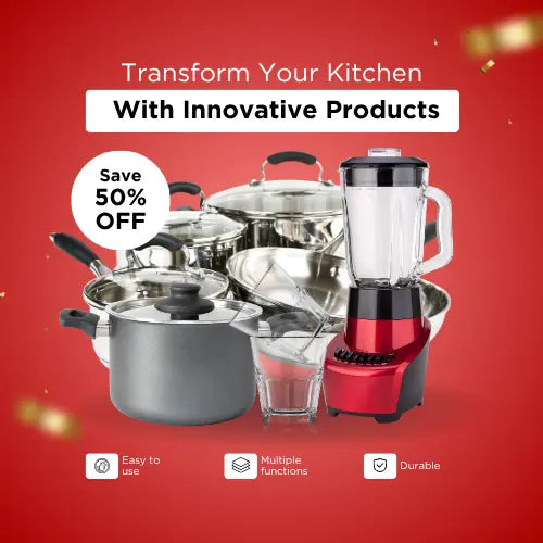 Kitchen appliance sale ad with stainless steel pots, blender, red background, save 50% off