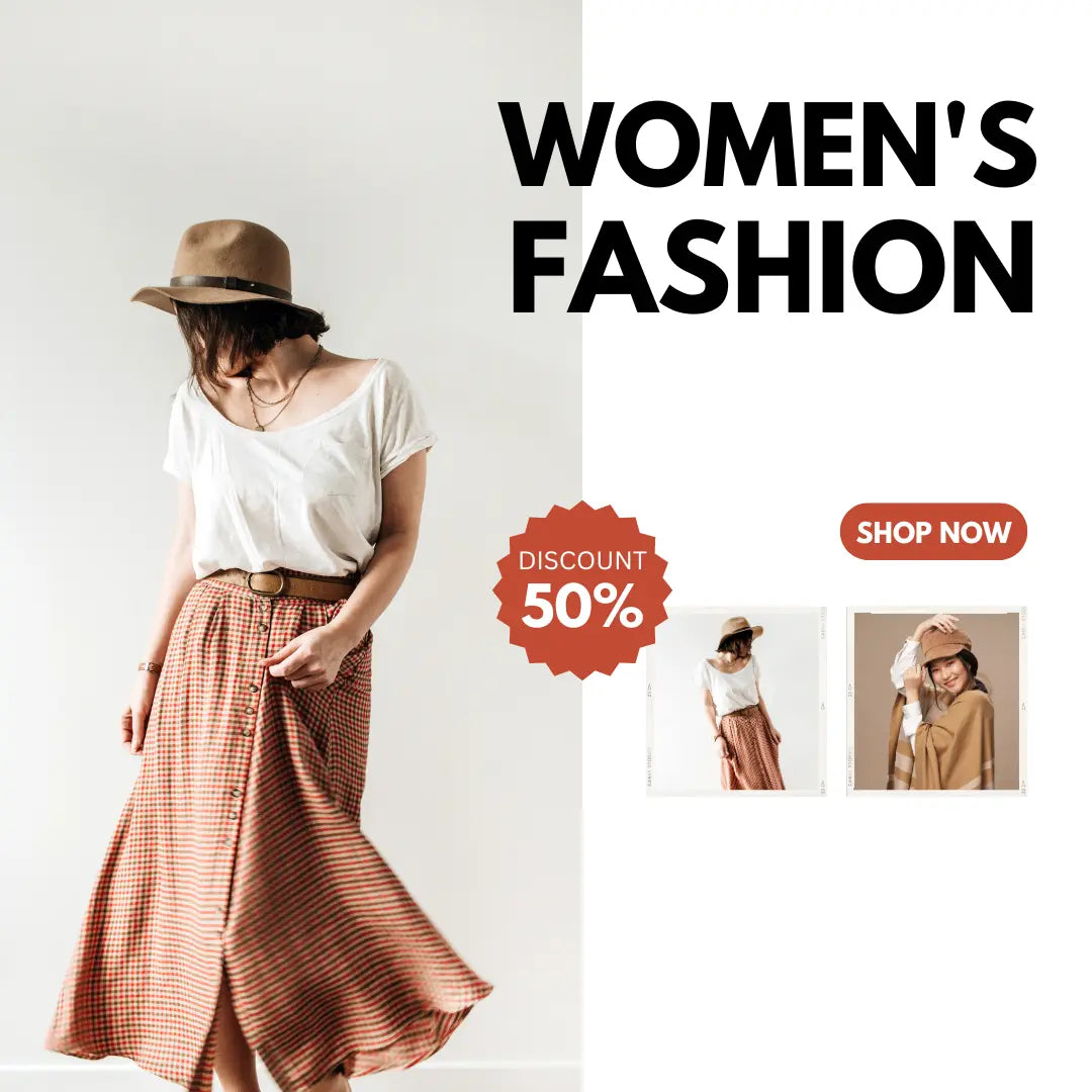 Modern women's fashion sale banner with woman in hat and skirt, 50% discount offer