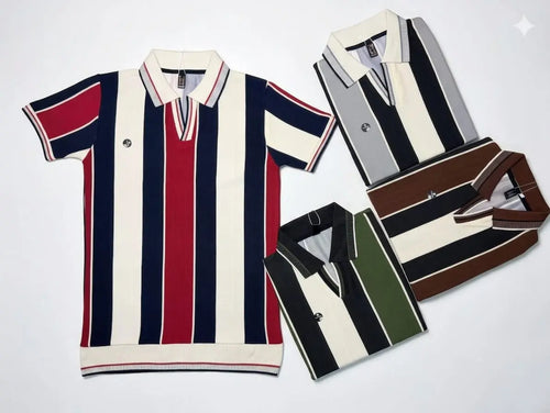 Collection of striped polo shirts in various colors on a white background